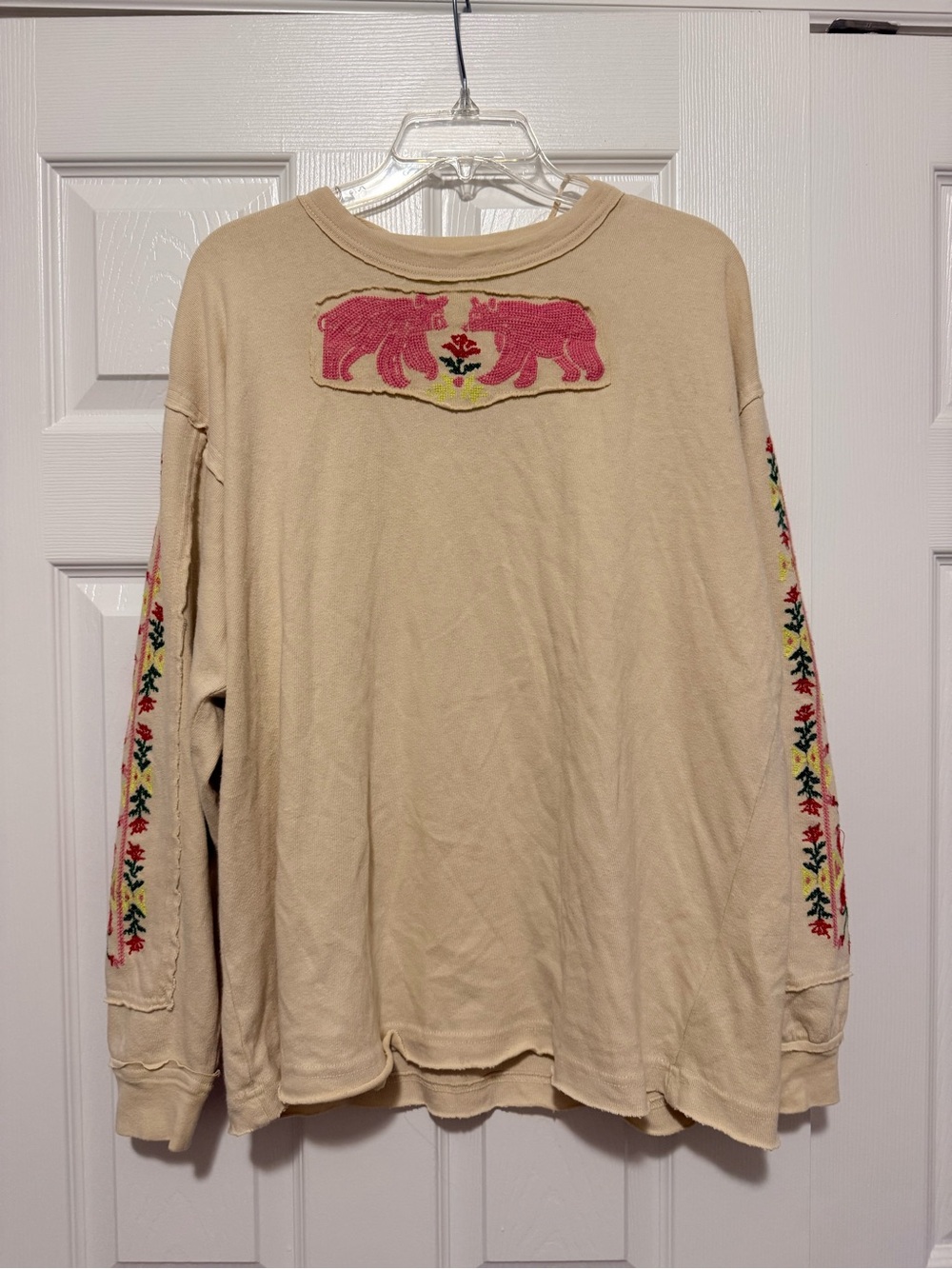 We The Free Beige Long-Sleeve Sweatshirt with Pink Bear Embroidery
